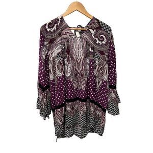Velzera Paisley Moroccan Print Purple Bell Sleeve Blouse Size S Lightweight
